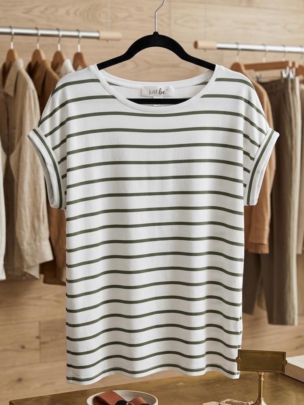 just be White and Olive Striped Short Sleeve Tee for Women